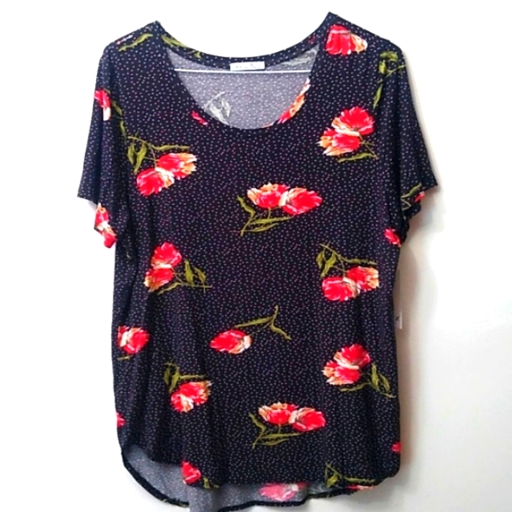 Dex Black Floral Dotprint Short Sleeve Top, 1X, NWT